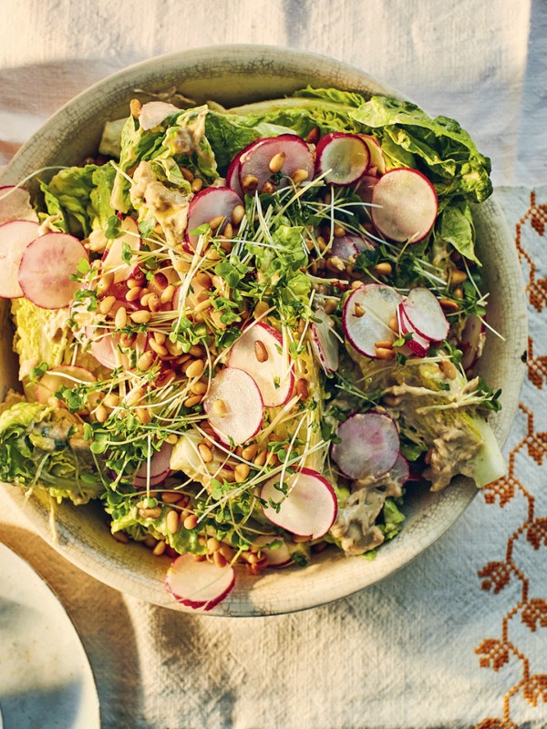 Baby Gem Salad With Radish, Pine Nuts & Anchovy Dressing