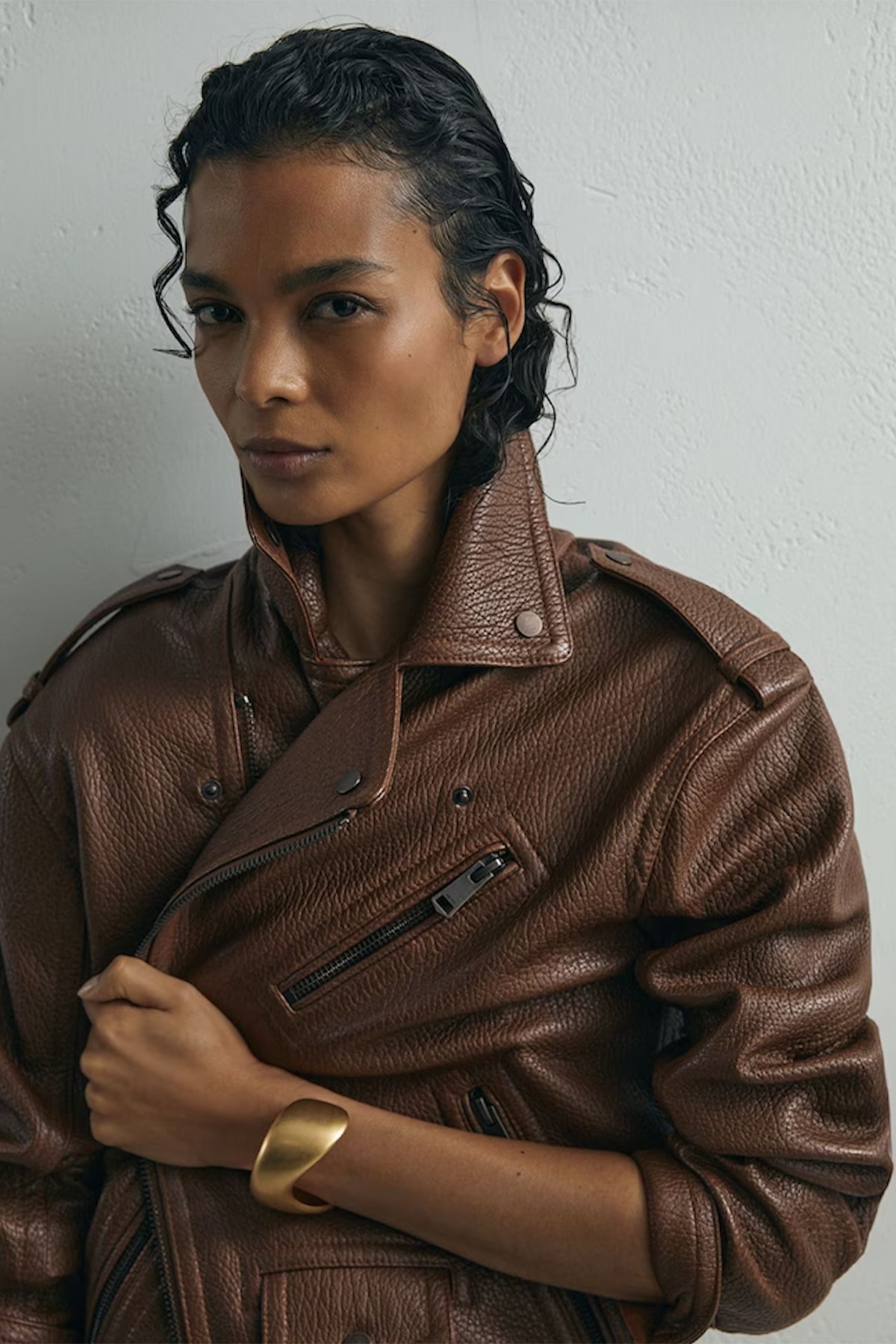 Anders Atelier Grained-Leather Oversized Biker Jacket