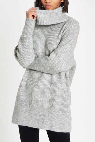 Light Grey Knit Roll Neck Jumper Dress