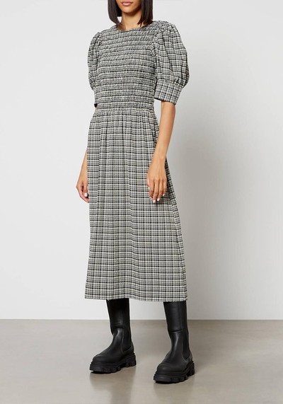 Checked Stretch-Seersucker Midi Dress from Ganni