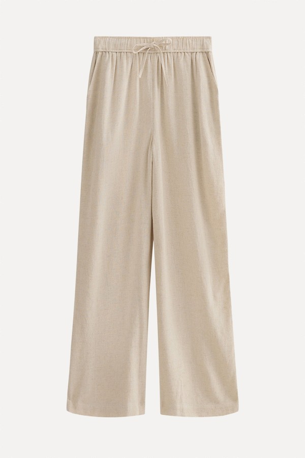 Linen Look Wide Leg Drawstring Trousers