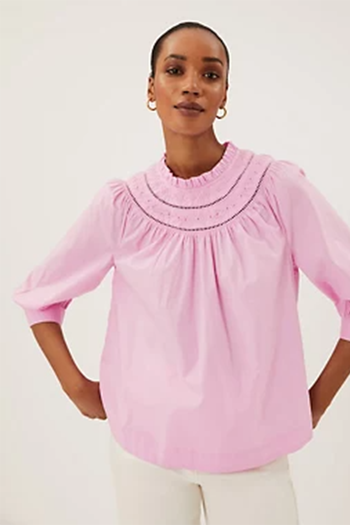 Pure Cotton Embroidered 3/4 Sleeve Top from M&S