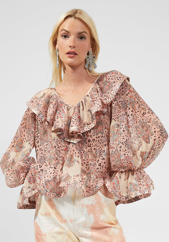 Demetra Gathered V-Neck Frilled Blouse