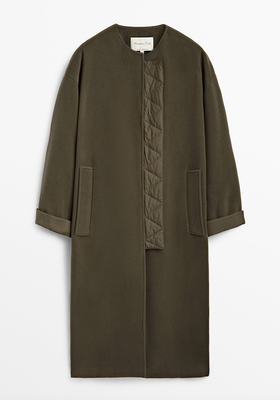 Khaki Long Wool Coat from Massimo Dutti