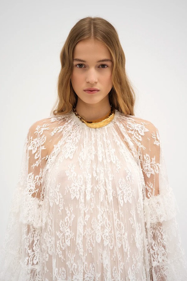 Long Ruffle Dress In Silk Lace