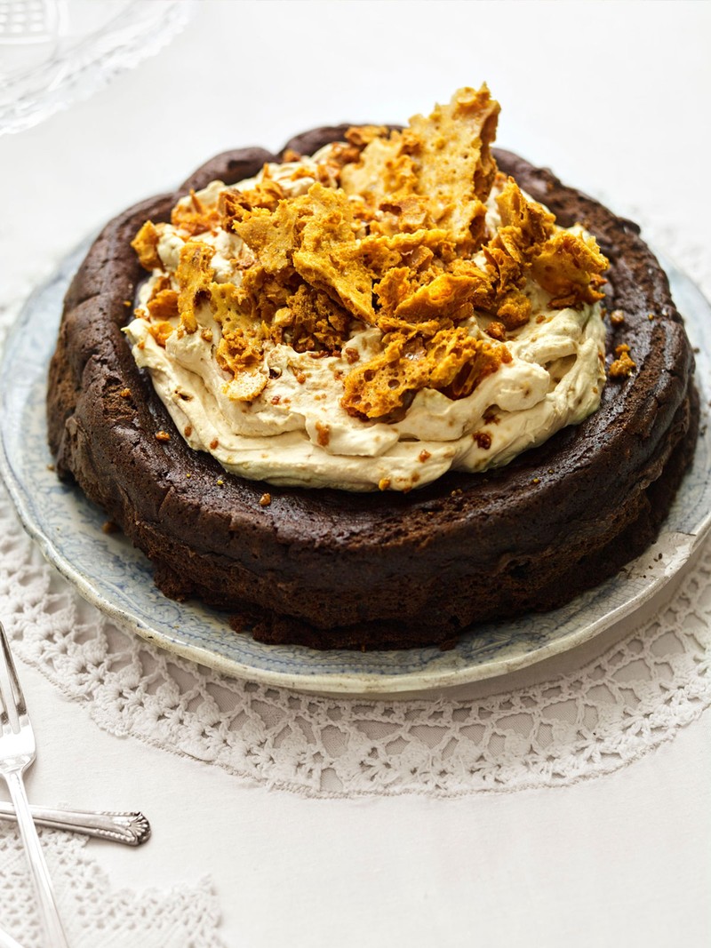 Flourless Malted Chocolate Cake With Yellowman Honeycomb Cream