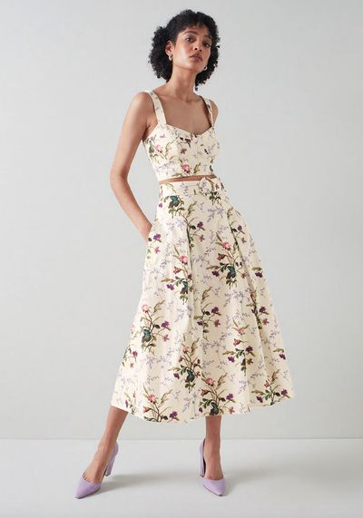 Eloise Cream Meadow Scene Cotton Midi Skirt