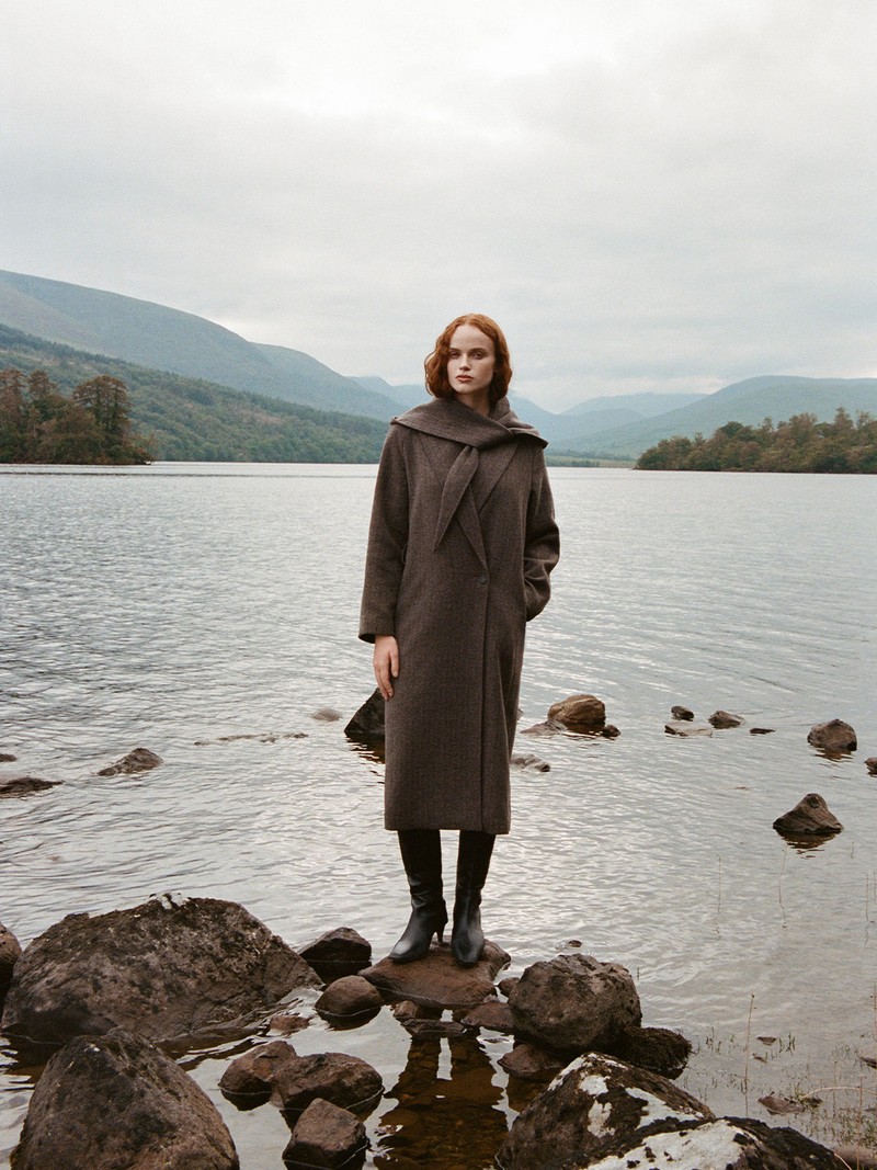 Herringbone Hooded Wrap Coat