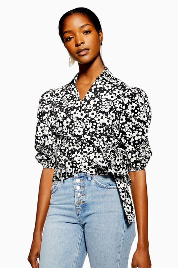 Monochrome Floral Poplin Wrap Blouse
