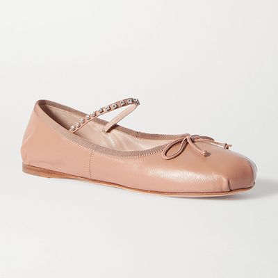 Crystal-Embellished Leather Ballet Flats from Miu Miu