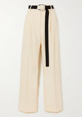 Belted Pleated Cotton-Blend Cloqué Straight-Leg Pants from Victoria Beckham