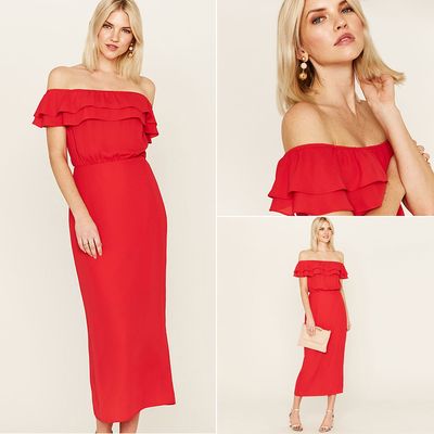 Long Bardot Midi Dress In Red