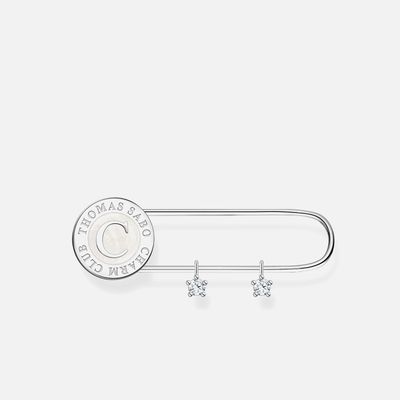Silver Brooch With White Stones In Safety Pin Design 
