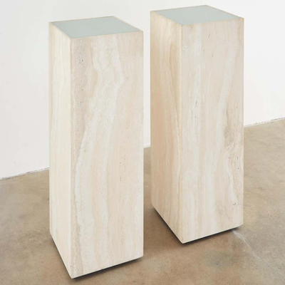 Pair Of Italian Travertine Pedestal Display Tables from 1st Dibs