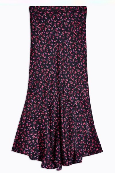 Black Ditsy Floral Flounce Midi Skirt