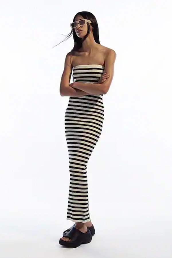 Striped Bandeau Midi Dress from Bershka