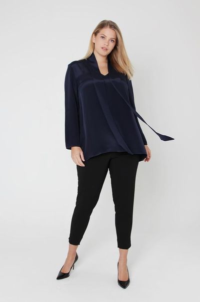 Midnight Blue Crepe De Chine Neck Tie Blouse