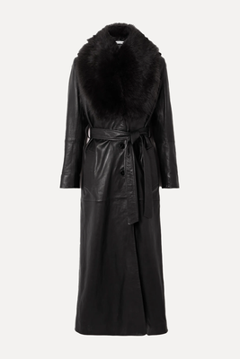 Dakota Belted Shearling-Trimmed Leather Coat from Nour Hammour