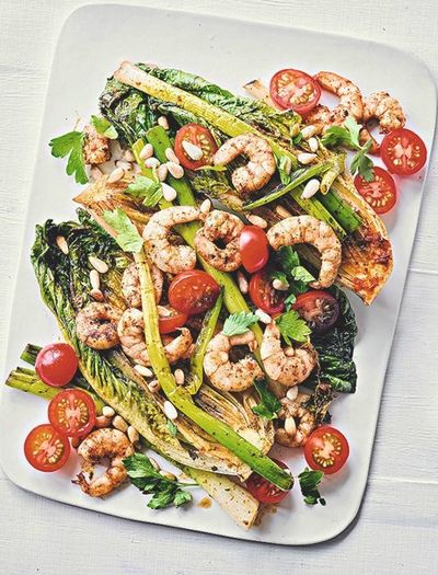 Harissa Prawns, Cos Lettuce and Onions