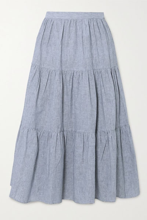 Tiered Striped Linen & Cotton-Blend Midi Skirt from Michael Kors
