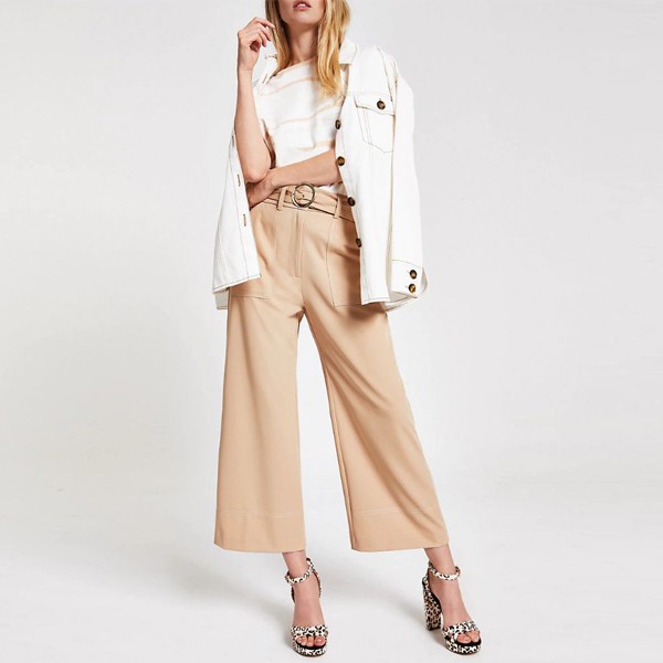 Beige Straight Wide Leg Trousers