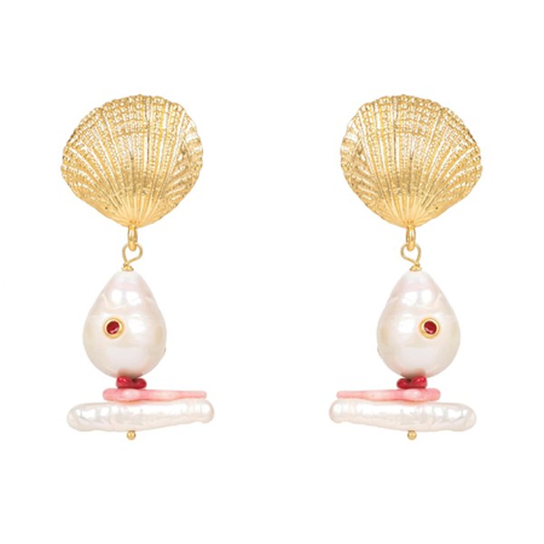 Scallop Shell Baroque Pearl Coral Earring Gold from Latelita