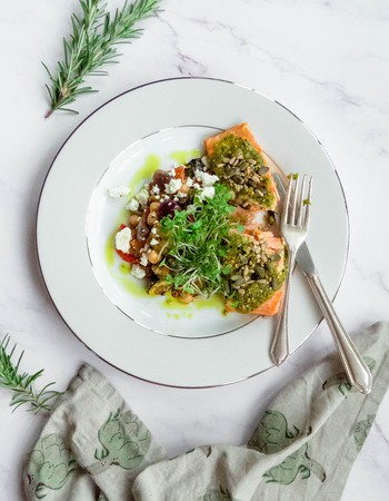 Roasted salmon with Mediterranean vegetables