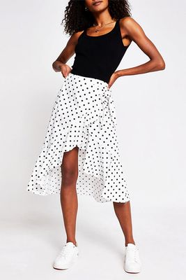 White Spot Print Wrap Midi Skirt