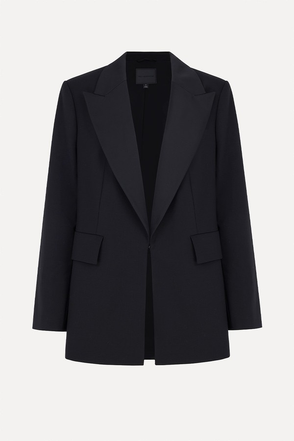 Wool Blend Satin Trim Tailored Blazer