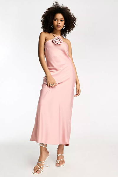 Halter Satin Midi Dress With Corsage Detail from River Island 