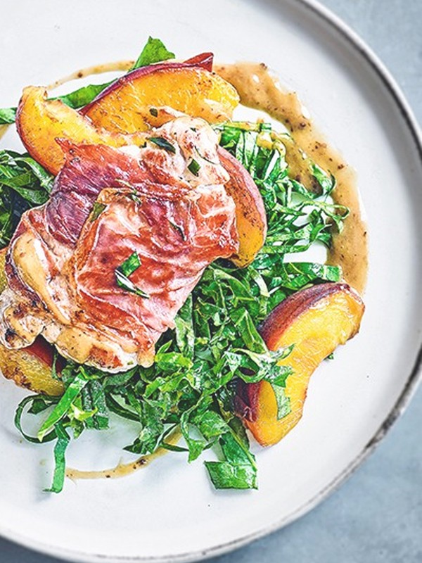 Pork With Tarragon, Peaches & Kale