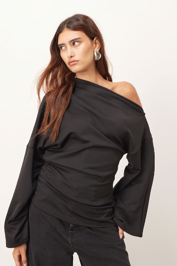 Jersey Off Shoulder Wide Sleeve Top With Ruched Hem