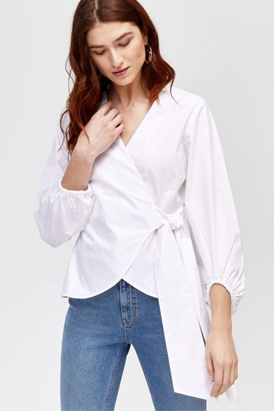 Poplin Puff Sleeve Wrap Top from Warehouse