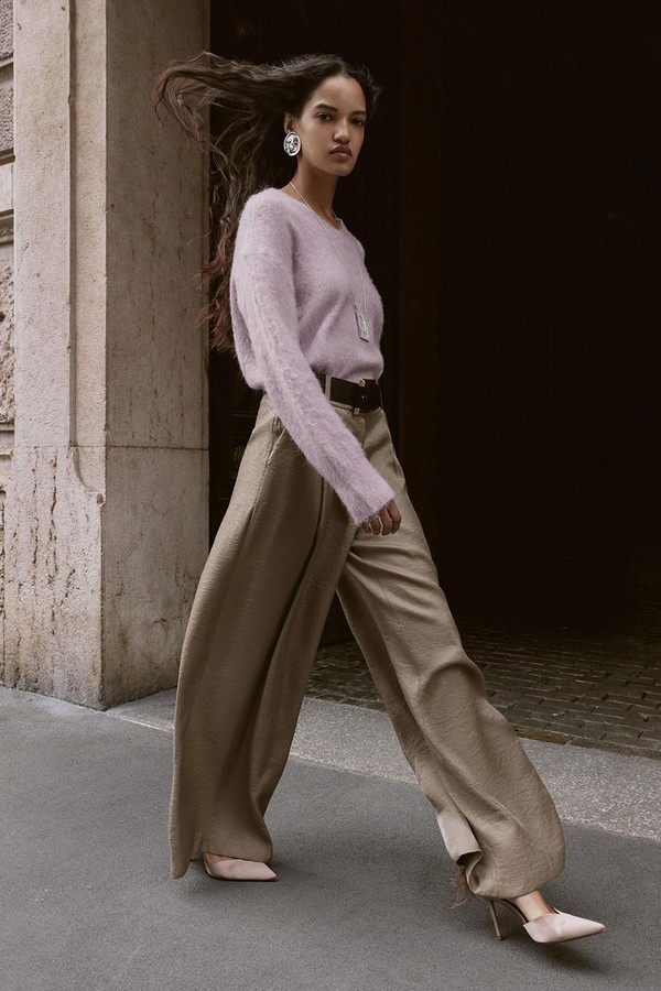 Wide Satin Trousers With Belt