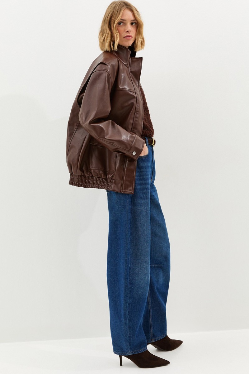  Faux Leather Funnel Neck Oversized Jacket