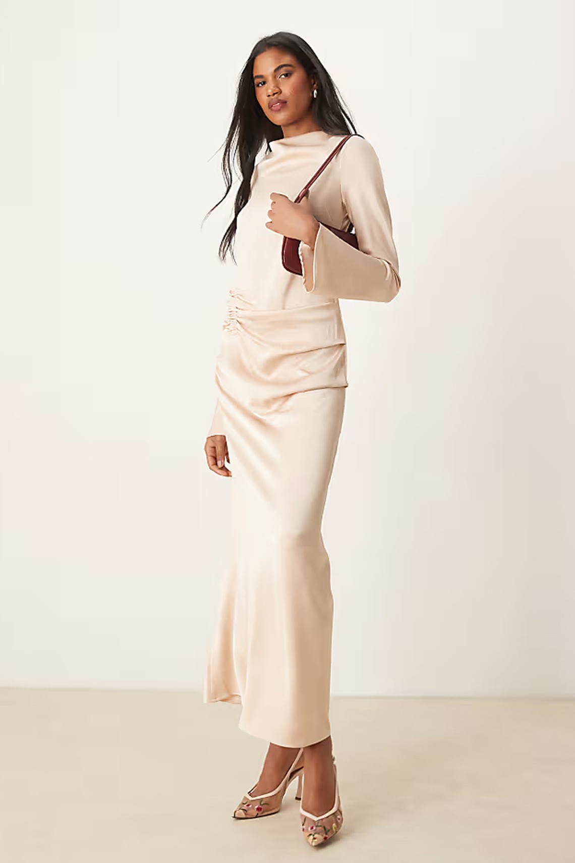 Long Sleeve Satin Maxi Dress With Ruched Tab Detail from ASOS DESIGN