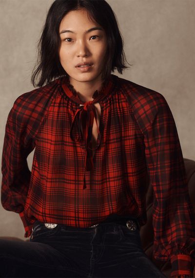 Plaid Tie-Neck Blouse