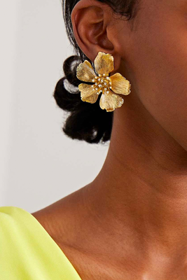 Large Michelle Gold-Tone, Crystal and Faux Pearl Clip Earrings, £440 | Oscar De La Renta