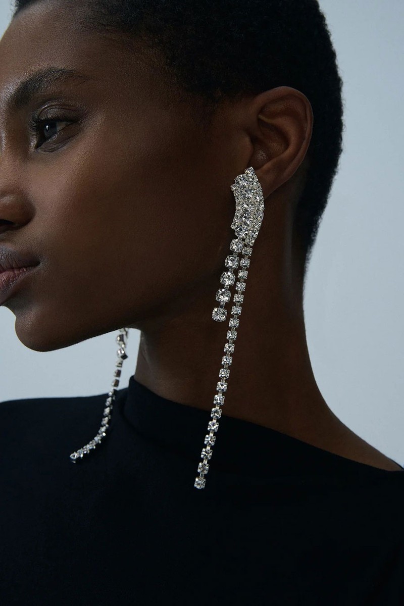 Silver Crystal Linear Fringe Earrings