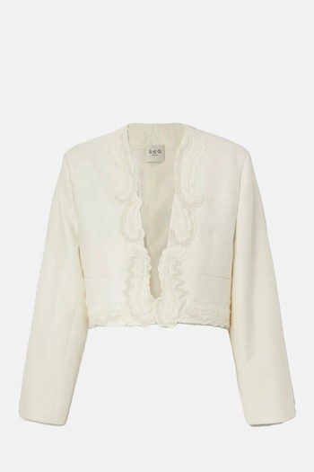 Aerin Cropped Guipure Lace-Trimmed Twill Blazer from Sea