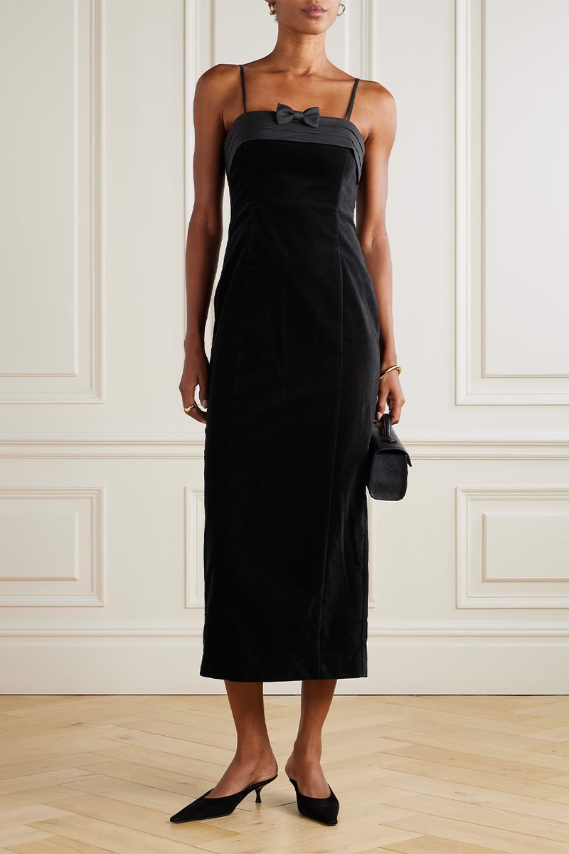 Quincy Pleated Bow-Detailed Satin-Trimmed Cotton-Velvet Midi Dress from Posse