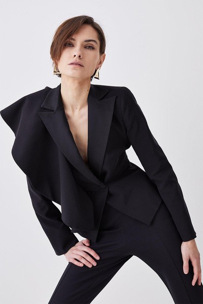 Italian Wool Satin Statement Ruffle Tailored Jacket