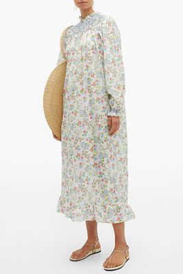 Smocked Floral-Print Cotton Maxi Dress from Loretta Caponi 
