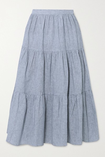 Tiered Striped Linen & Cotton-Blend Midi Skirt from Michael Kors