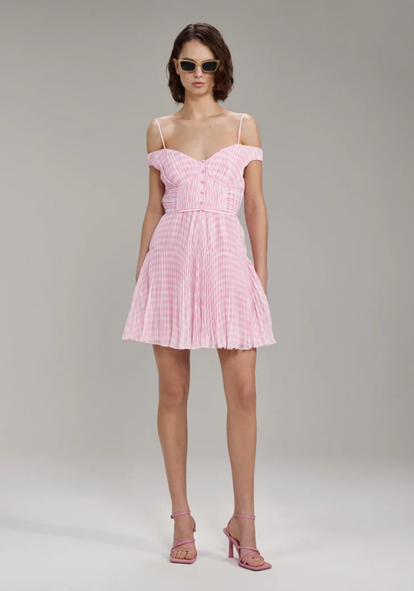 Pink Gingham Print Chiffon Mini Dress