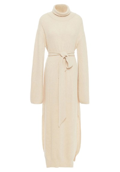 Belted Ribbed-Knit Turtleneck Maxi Dress