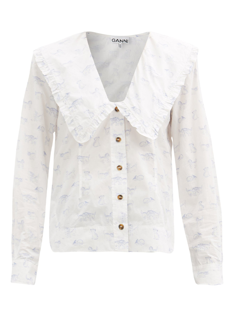 Ruffled-Collar Kitten-Print Poplin Blouse from Ganni