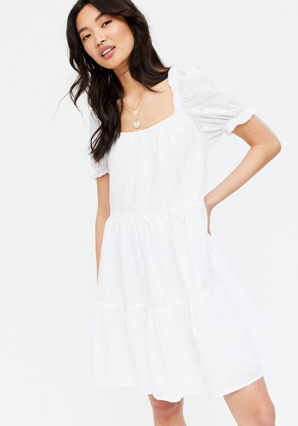 Blue Vanilla White Broderie Puff Sleeve Smock Dress 