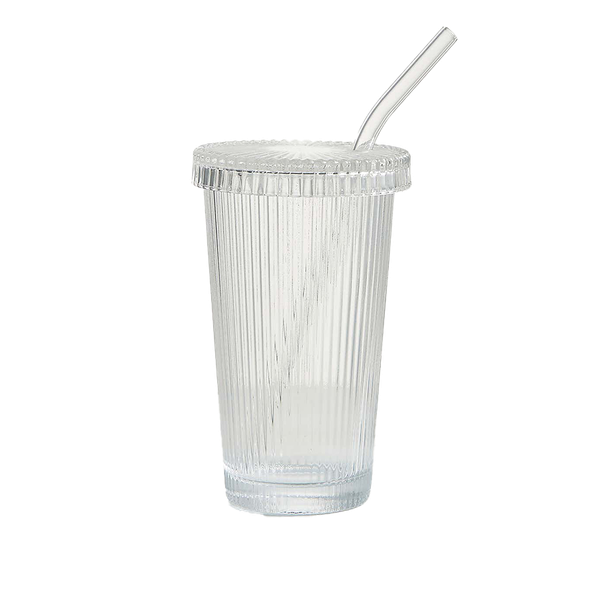 Ribbed Clear Glass Iced Coffee Tumbler With Straw from Dunelm 