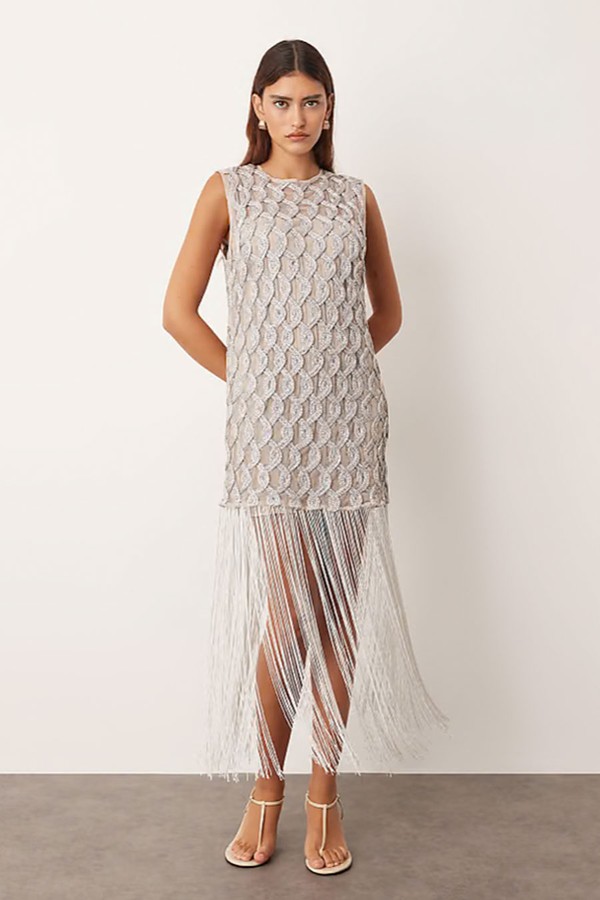 Lattice Grid Mini Dress With Fringe Hem